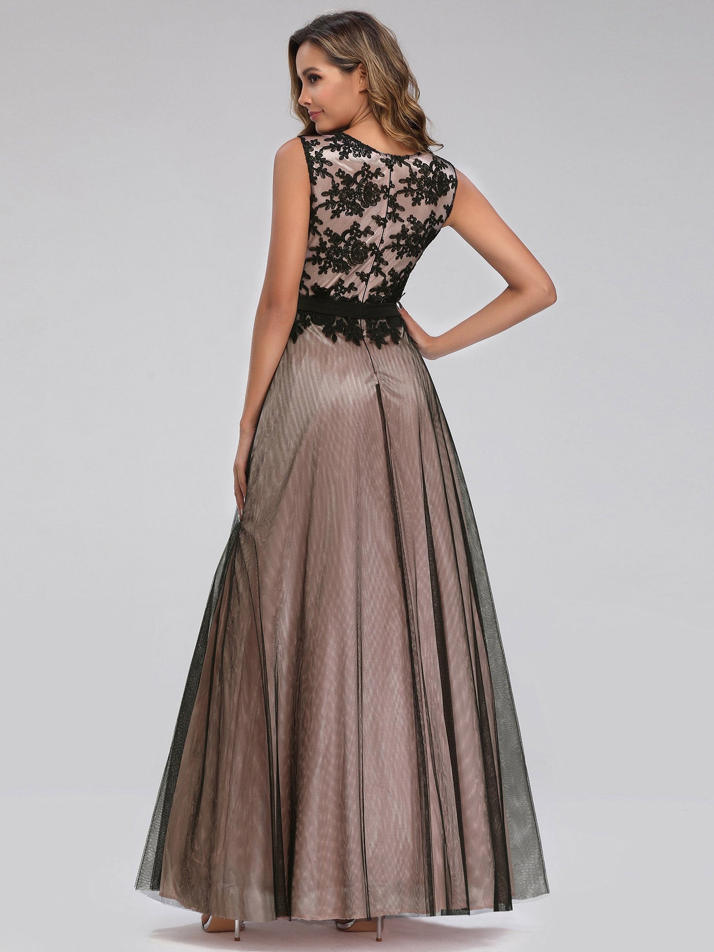 A Line Sleeveless Lace Wholesale Evening Dress with Black Brocade