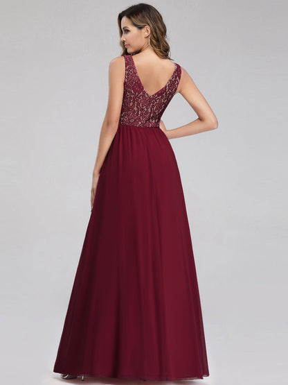 Sleeveless V neck Long Evening Dress with Lace Bodice EZ07593