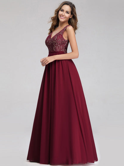 Sleeveless V neck Long Evening Dress with Lace Bodice EZ07593