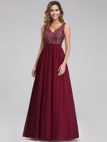 Elegant V-neck Lace Bodice Sleeveless Evening Gown EZ07593