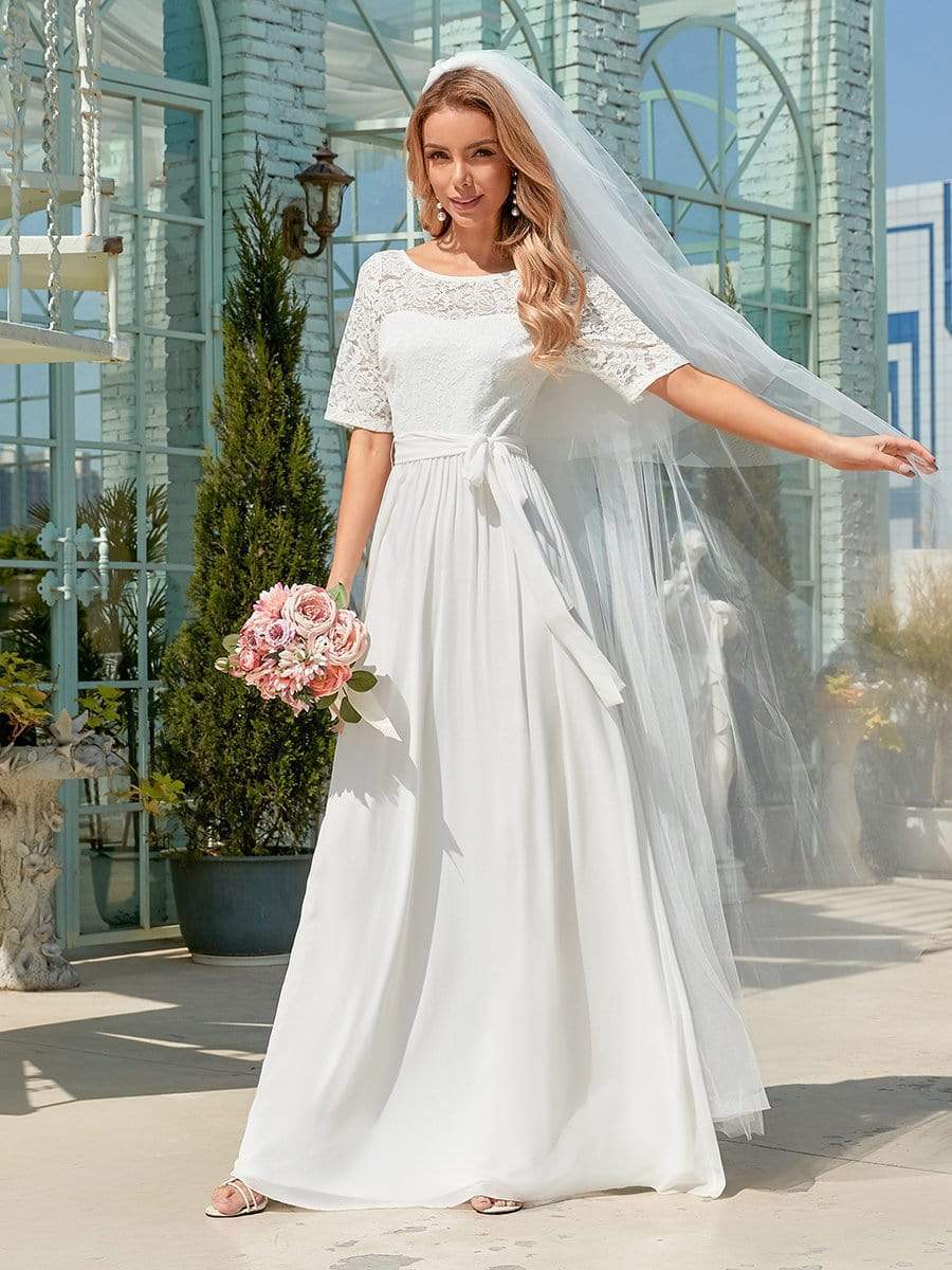 Wholesale Comfortable Chiffon Wedding Dress With Lace Short Sleeves