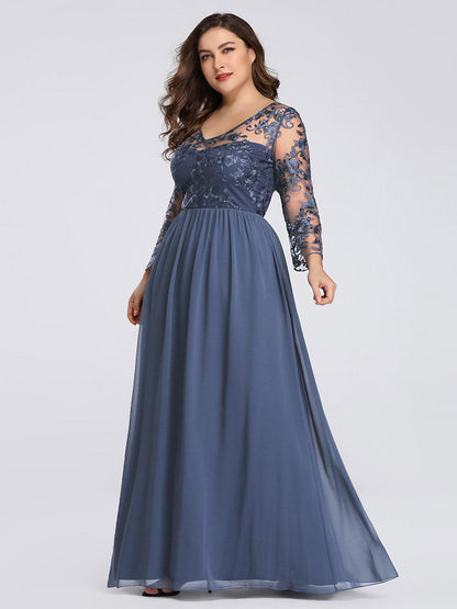 Floor Length Long Sleeve Wholesale Evening Dress with Sheer Lace Bodice