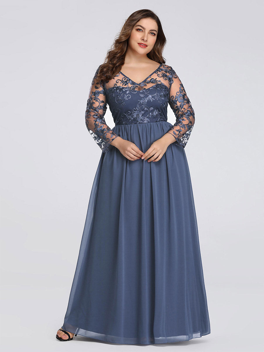 Elegant Lace Bodice Floor Length Evening Dress with Long Sleeves