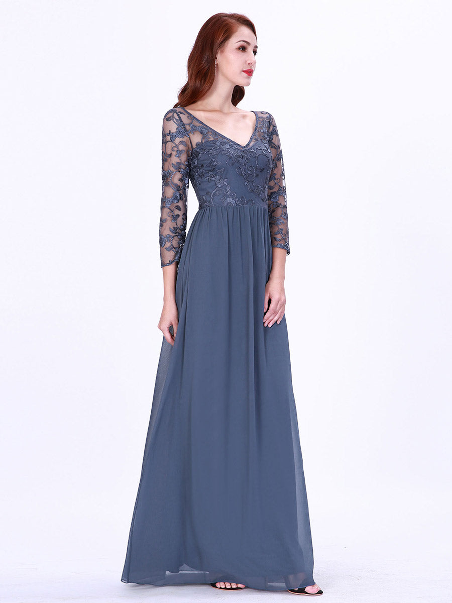 Elegant Lace Bodice Floor Length Evening Dress with Long Sleeves