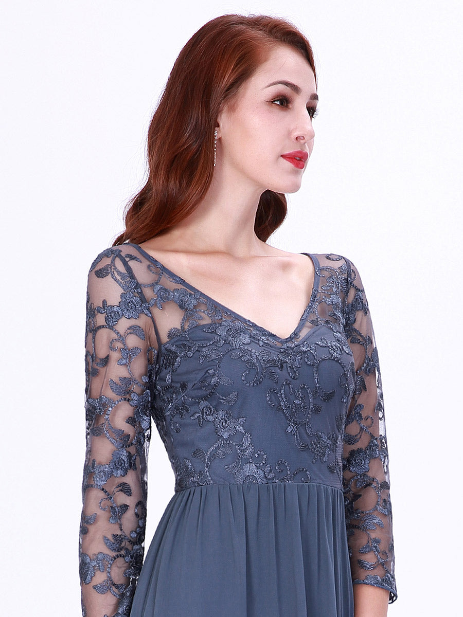 Elegant Lace Bodice Floor Length Evening Dress with Long Sleeves