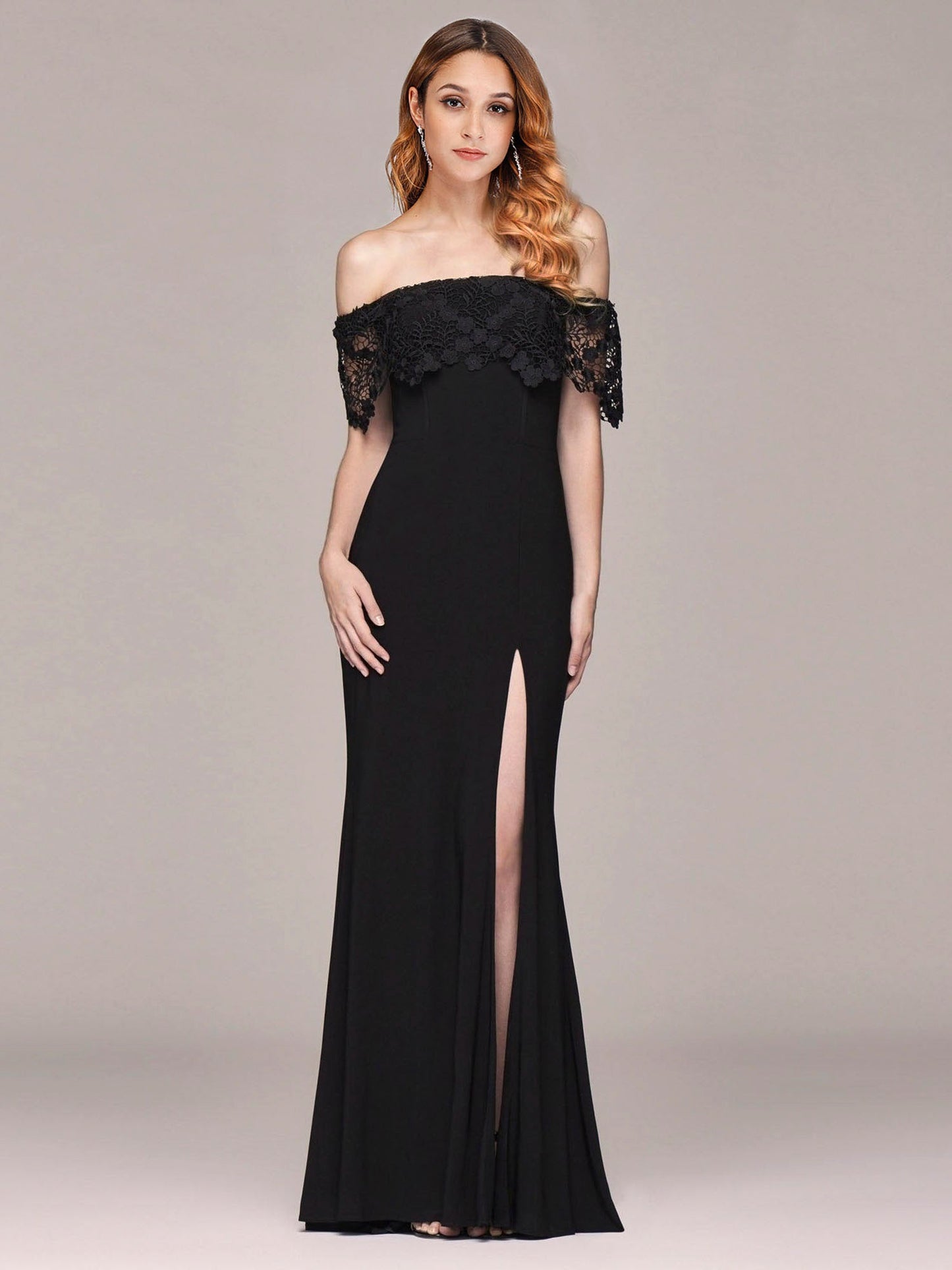 Long Off Shoulder Black Lace Formal Evening Dresses EZ07699