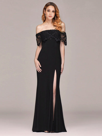 Long Off Shoulder Black Lace Formal Evening Dresses EZ07699