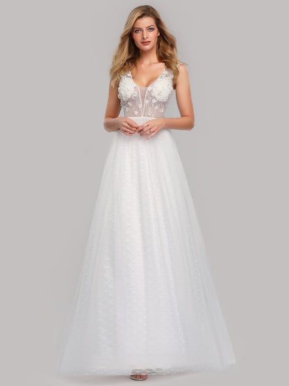 Elegant Floral Lace V-Neck Wedding Gown with Floor-Length Skirt EZ07834