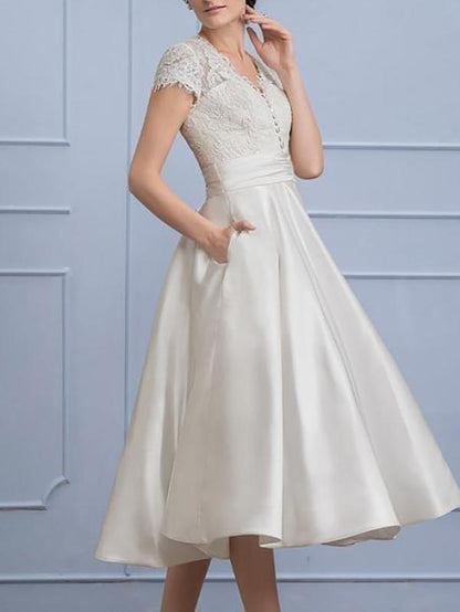 A-Line/Princess V-neck Tea-Length Satin Wedding Dress With Ruffle Pockets - INS | Online Fashion Free Shipping Clothing, Dresses, Tops, Shoes - 03/02/2021 - 2XL - 3XL