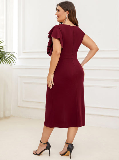 Plus Knee Length Cover Sleeves Round Neck Split Wholesale Evening Dresses