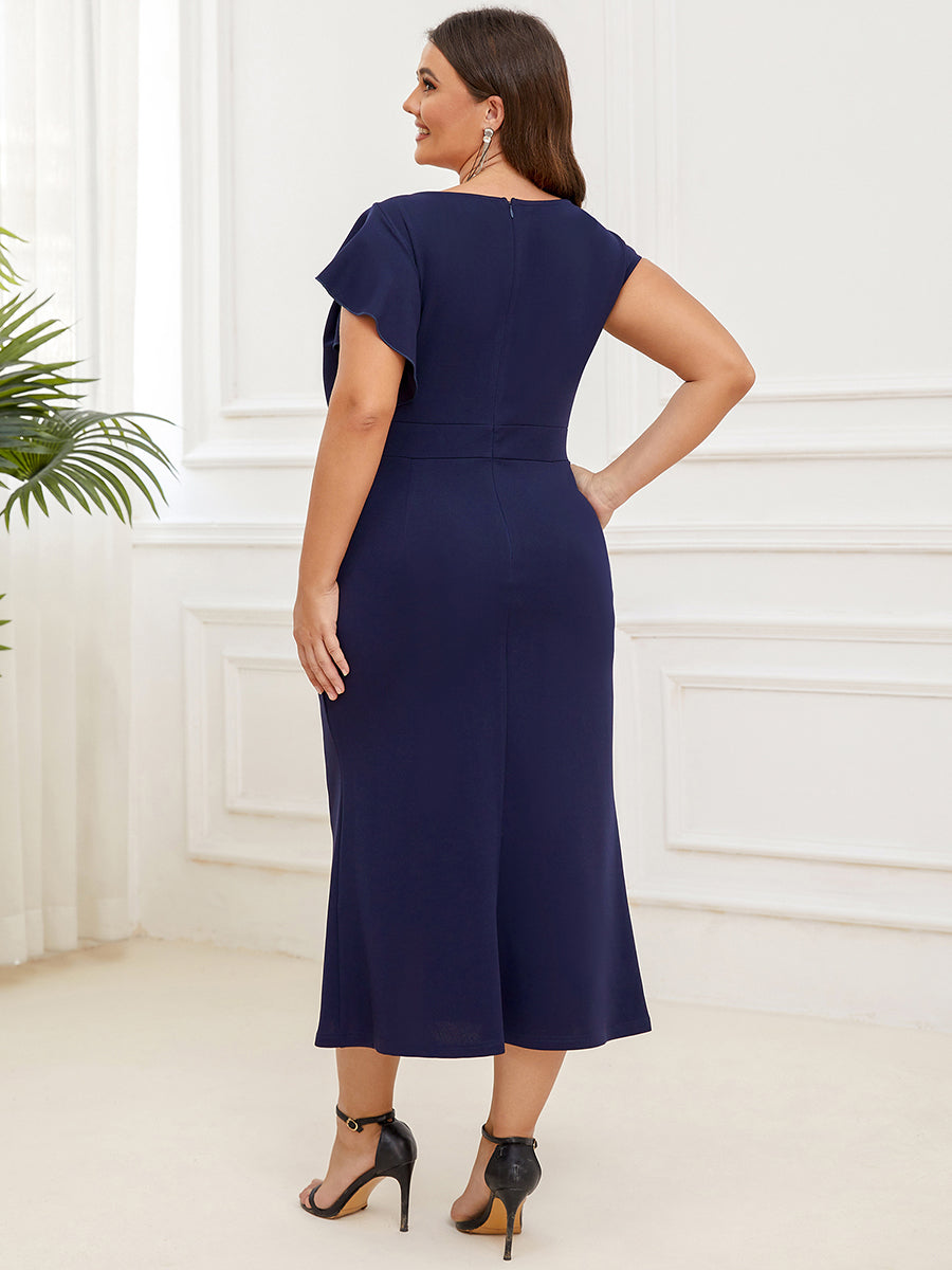 Plus Knee Length Cover Sleeves Round Neck Split Wholesale Evening Dresses