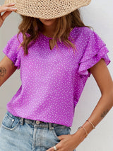 Polka Dot Ruffle Layered Hem Blouse, Casual Crew Neck Blouse For Spring & Summer, Women's Clothing
