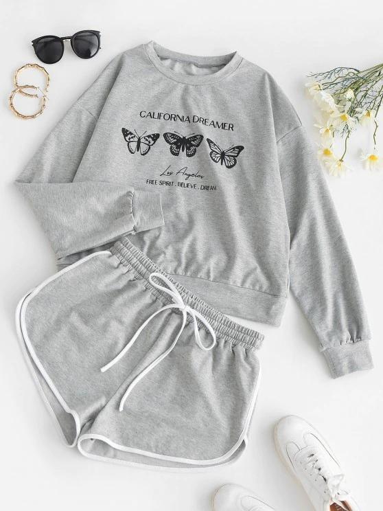 Butterfly Print Sweatshirt and Mini Dolphin Shorts Set - INS | Online Fashion Free Shipping Clothing, Dresses, Tops, Shoes