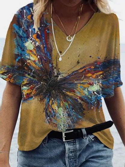 Butterfly Printed V-neck T-shirt - T-shirts - INS | Online Fashion Free Shipping Clothing, Dresses, Tops, Shoes - 08/06/2021 - Color_Blue - Color_Brown