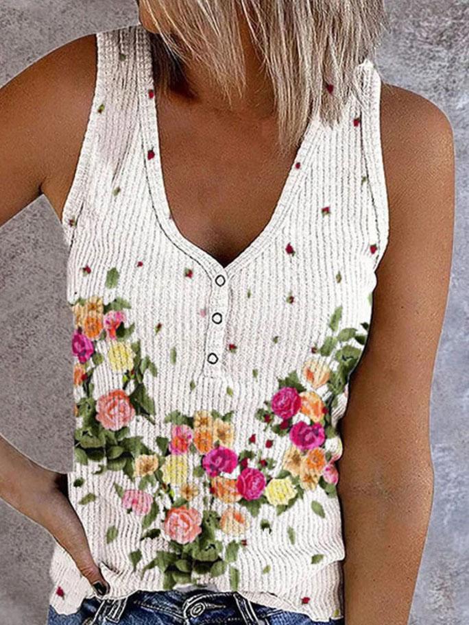 Button Print V-neck Sleeveless Tank Top - Tanks - INS | Online Fashion Free Shipping Clothing, Dresses, Tops, Shoes - 04/06/2021 - Category_Tanks - Color_White