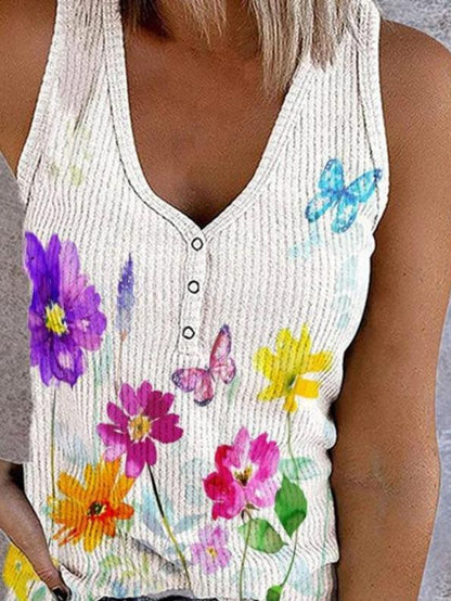 Button Print V-neck Sleeveless Tank Top - Tanks - INS | Online Fashion Free Shipping Clothing, Dresses, Tops, Shoes - 04/06/2021 - Category_Tanks - Color_White