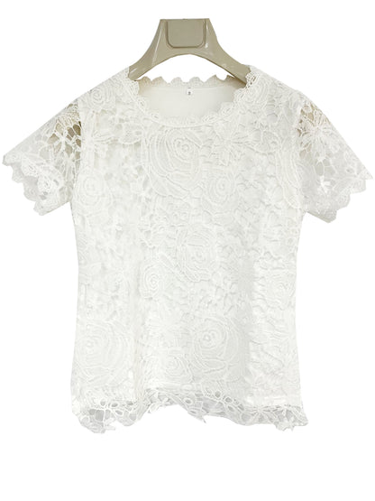 Elegant Lace Crew Neck Top for Women, Stylish Short Sleeve Shirt for Spring & Summer