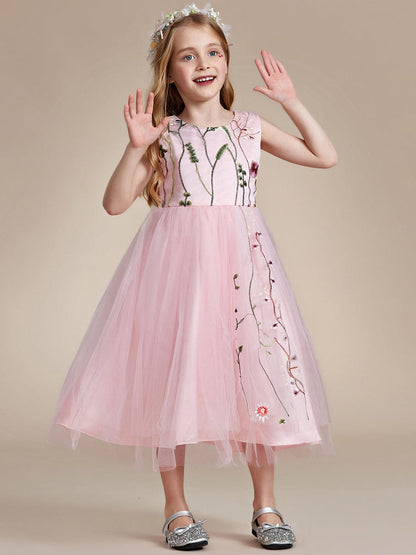 Floral Embroidered Sleeveless Flower Girl Dress with Tulle Cover