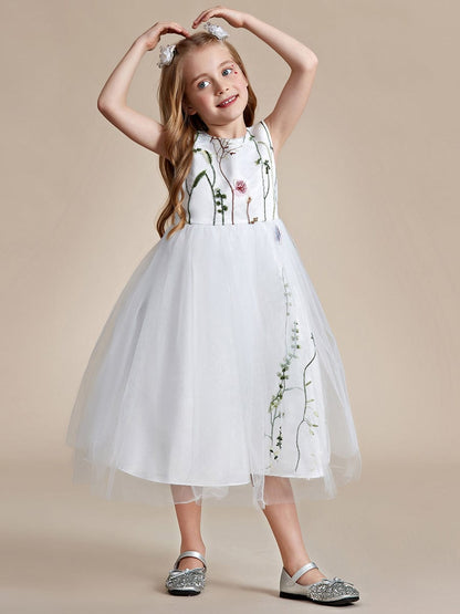 Floral Embroidered Sleeveless Flower Girl Dress with Tulle Cover