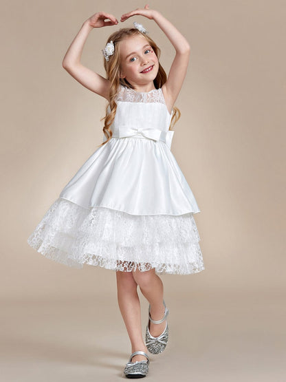 Multi-Layered Princess Flower Girl Dress with Large Bow Detail
