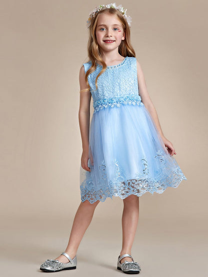 Beaded Lace Applique Sleeveless Flower Girl Dress With Back Bow-Knot