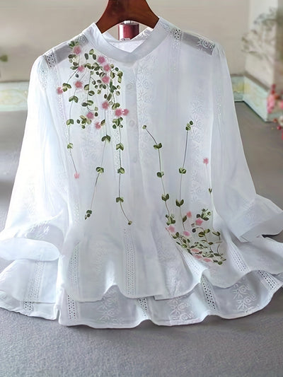 Eyelet Floral Embroidered Blouse, Elegant Button Front Blouse For Spring & Summer, Women's Clothing