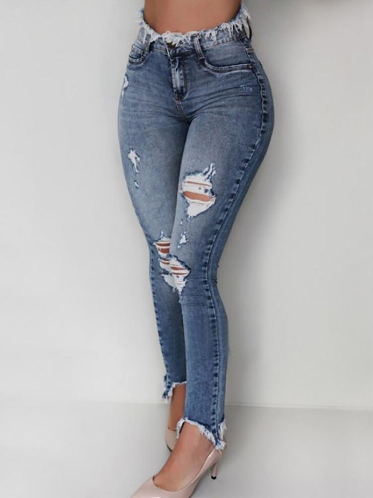 Distressed Cutout Fringe Hem Casual Jeans - Jeans - INS | Online Fashion Free Shipping Clothing, Dresses, Tops, Shoes - 04/05/2021 - Category_Jeans - Color_Blue