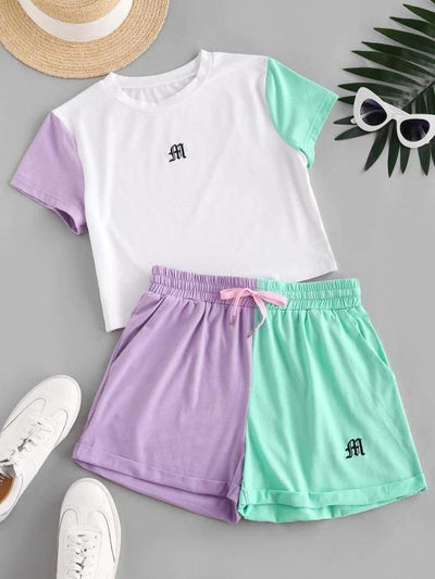 Drawstring Colorblock Embroidered Two Piece Set - INS | Online Fashion Free Shipping Clothing, Dresses, Tops, Shoes