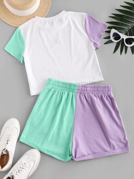 Drawstring Colorblock Embroidered Two Piece Set - INS | Online Fashion Free Shipping Clothing, Dresses, Tops, Shoes