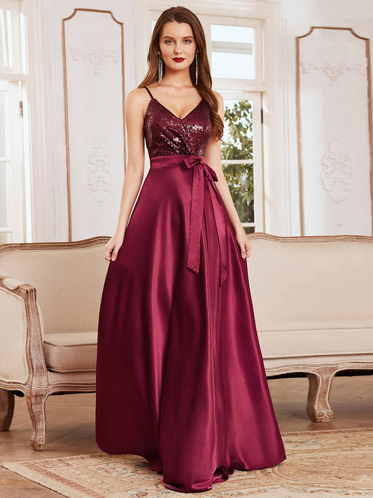 Shiny Wholesale Maxi Satin Evening Dress with Sequin Bodice