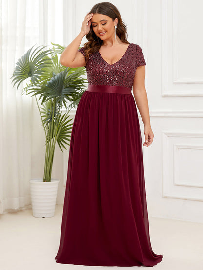 Elegant Plus Size Short Sleeve V-Neck Evening Dress with Belt