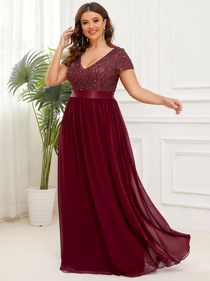 Elegant Plus Size Short Sleeve V-Neck Evening Dress with Belt