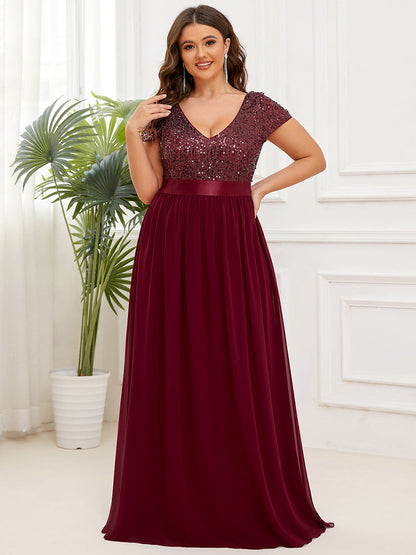 Elegant Plus Size Short Sleeve V-Neck Evening Dress with Belt