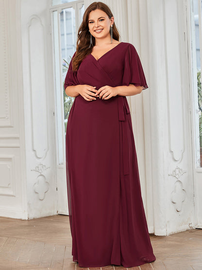 Elegant Deep V-Neck Ruffled Sleeve A-Line Evening Gown - Wholesale Split Dresses