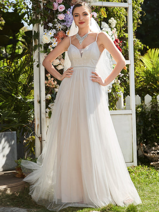 A-Line Wholesale Wedding Dresses with Spaghetti Straps and Deep V-Neck