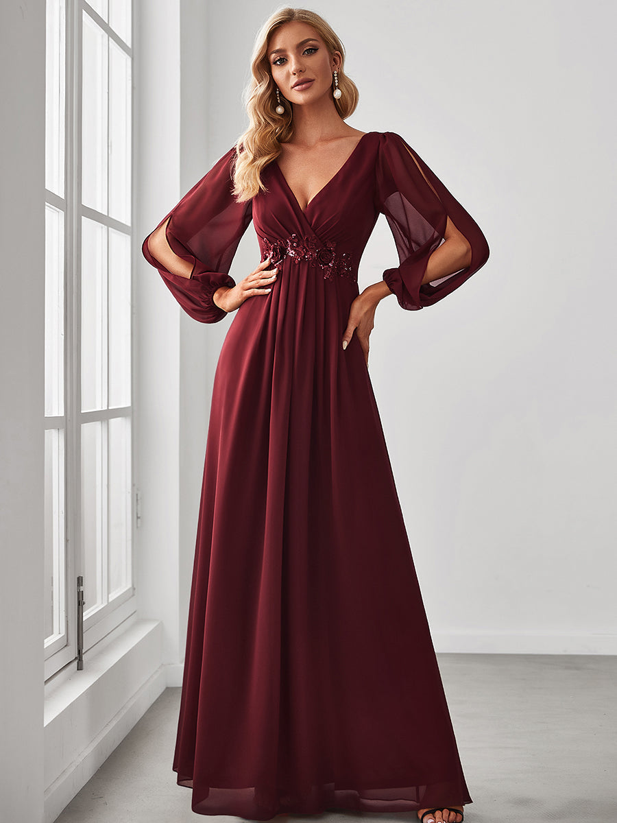 Sophisticated Deep V-Neck Formal Dress with Long Lantern Sleeves