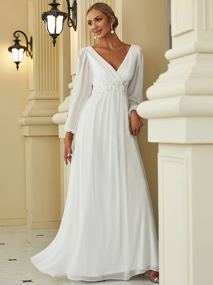 Sophisticated Deep V-Neck Formal Dress with Long Lantern Sleeves