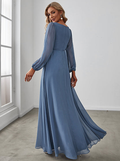 Sophisticated Deep V-Neck Formal Dress with Long Lantern Sleeves