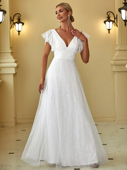 Elegant Maxi Lace Wholesale Wedding Dress with Ruffle Sleeves