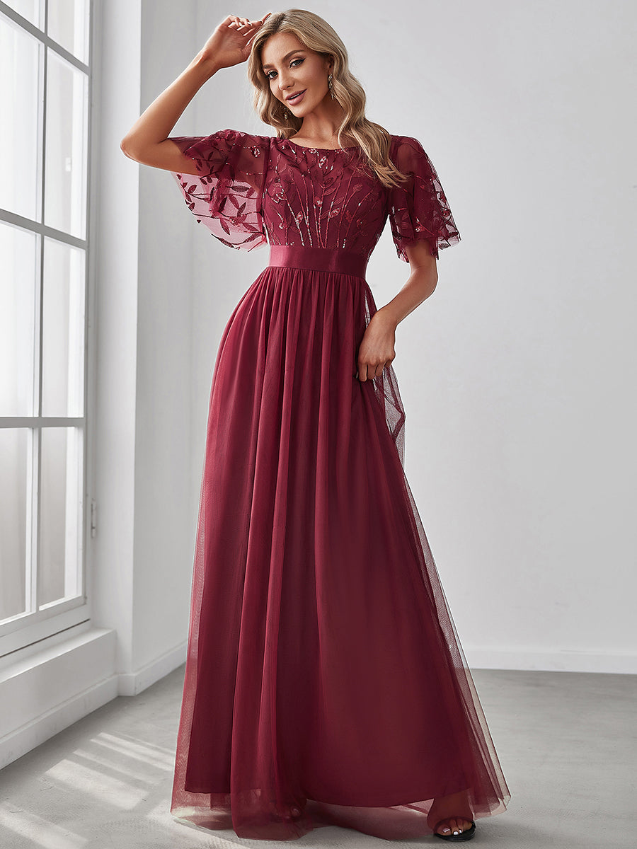 Sequin Print Floor-length Wholesale Evening Dresses with Cap Sleeve