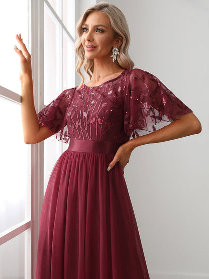 Sequin Print Floor-length Wholesale Evening Dresses with Cap Sleeve