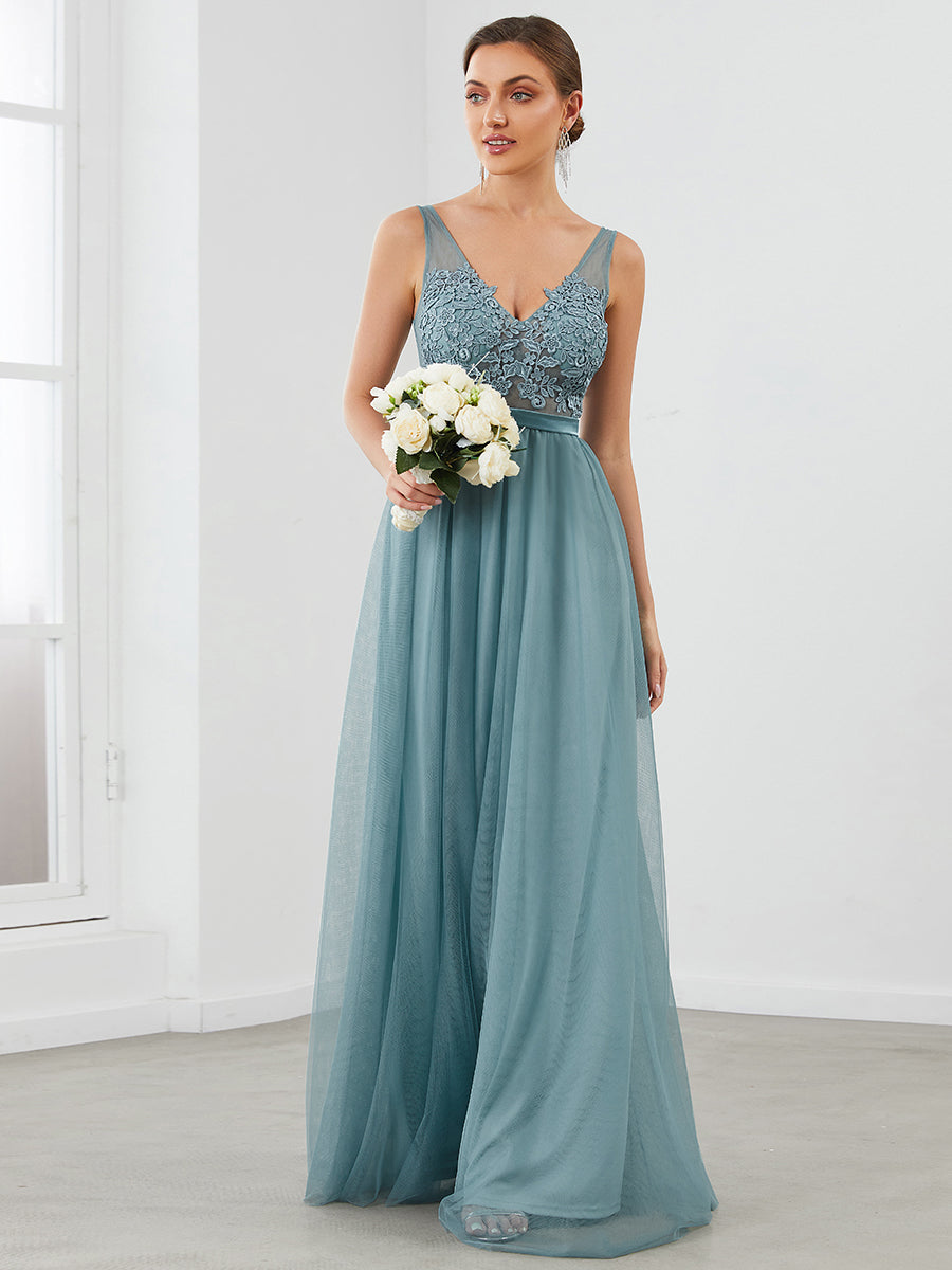 A-Line V-Neck Floral Lace Appliques Wholesale Bridesmaid Dress