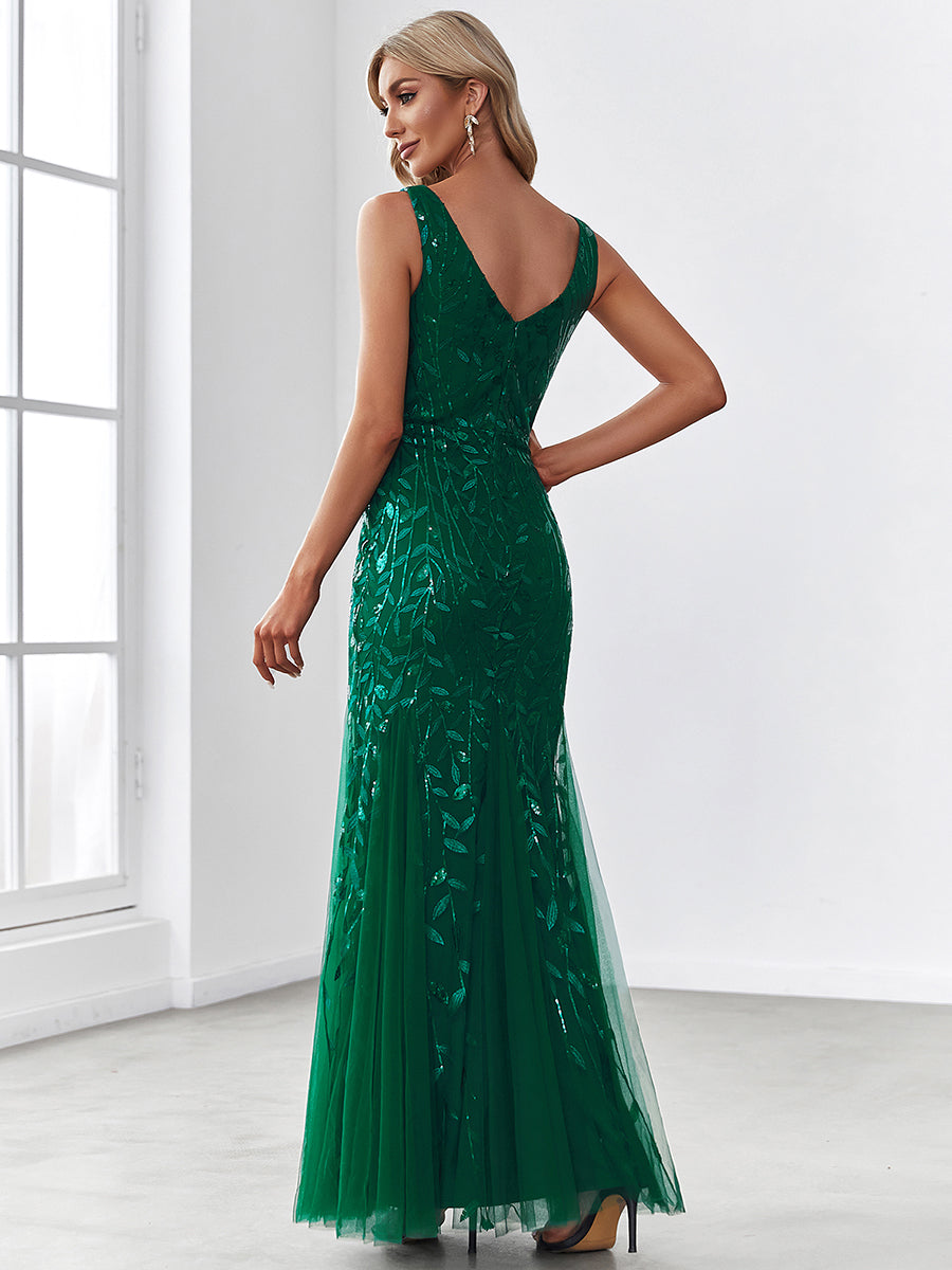 Glamorous Sequin Embellished V-Neck Mermaid Evening Dress