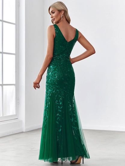 Glamorous Sequin Embellished V-Neck Mermaid Evening Dress