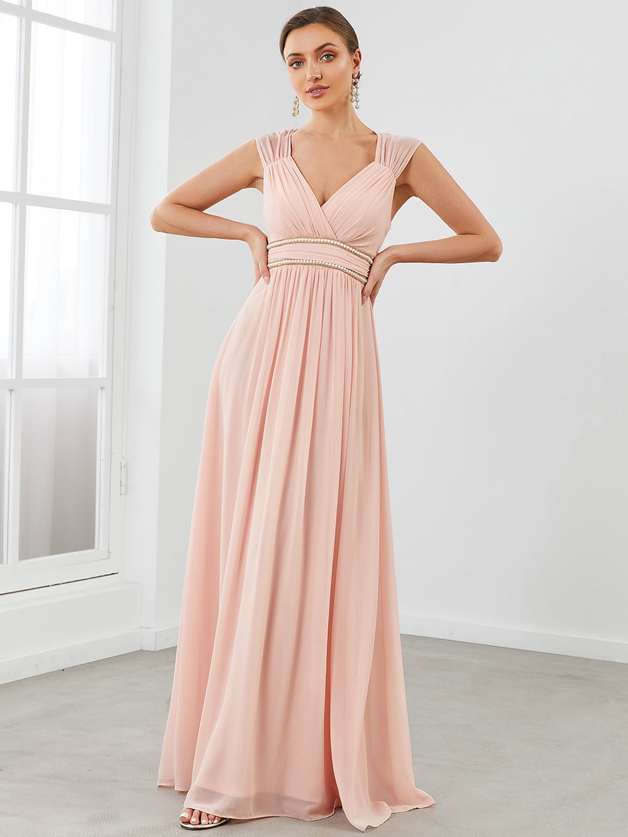 Stylish V Neck A-Line Bridesmaid Gown Featuring Waist Belt