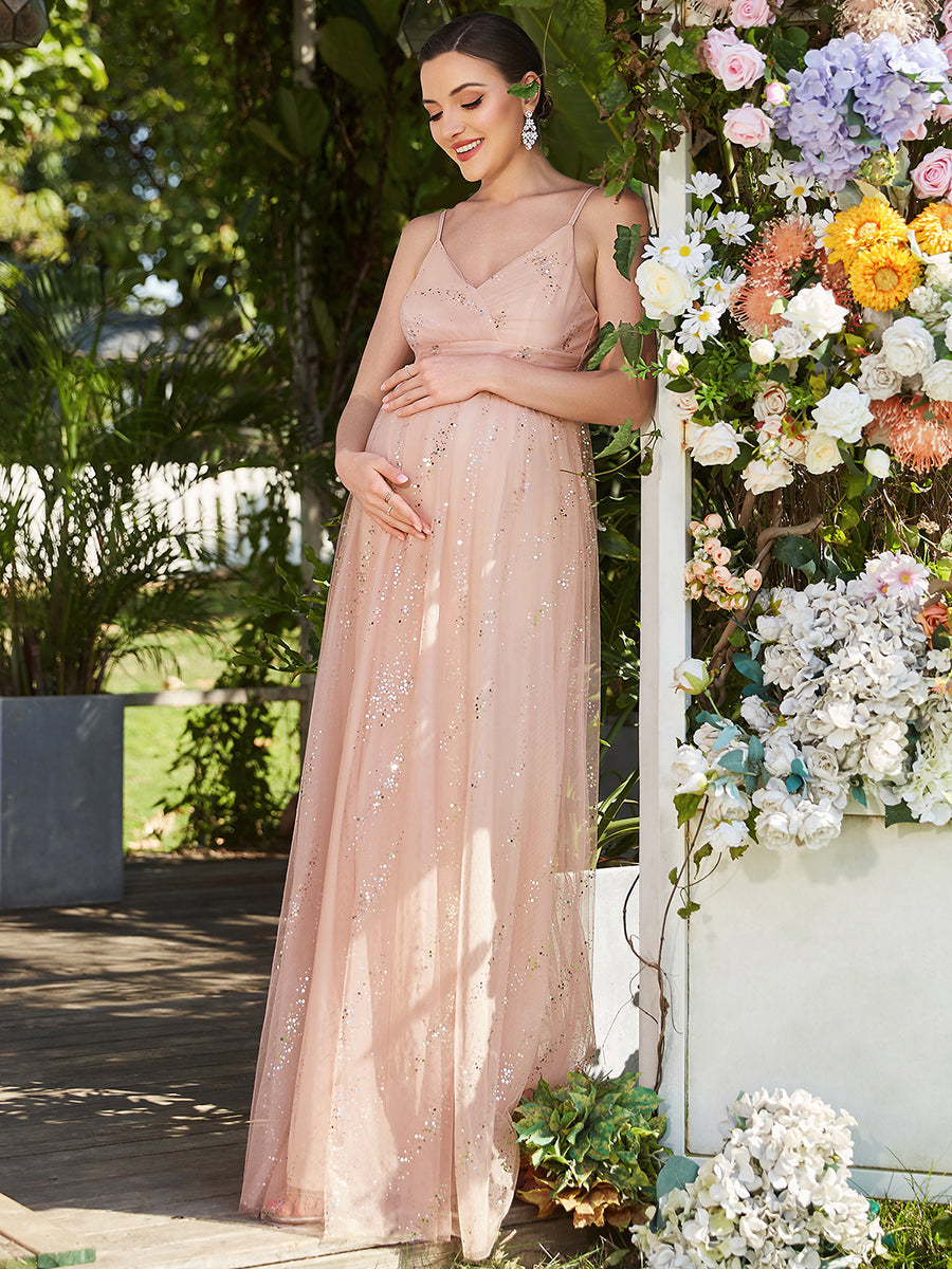 Elegant Deep V-Neck A-Line Maternity Gown with Spaghetti Straps