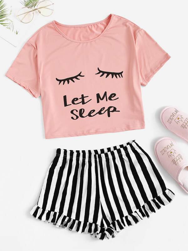 Eye and Letter Graphic Top & Ruffle Striped Shorts PJ Set - INS | Online Fashion Free Shipping Clothing, Dresses, Tops, Shoes