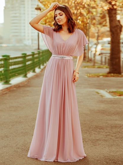 Maxi Long Flowy Chiffon Wholesale Evening Dress with Short Sleeve