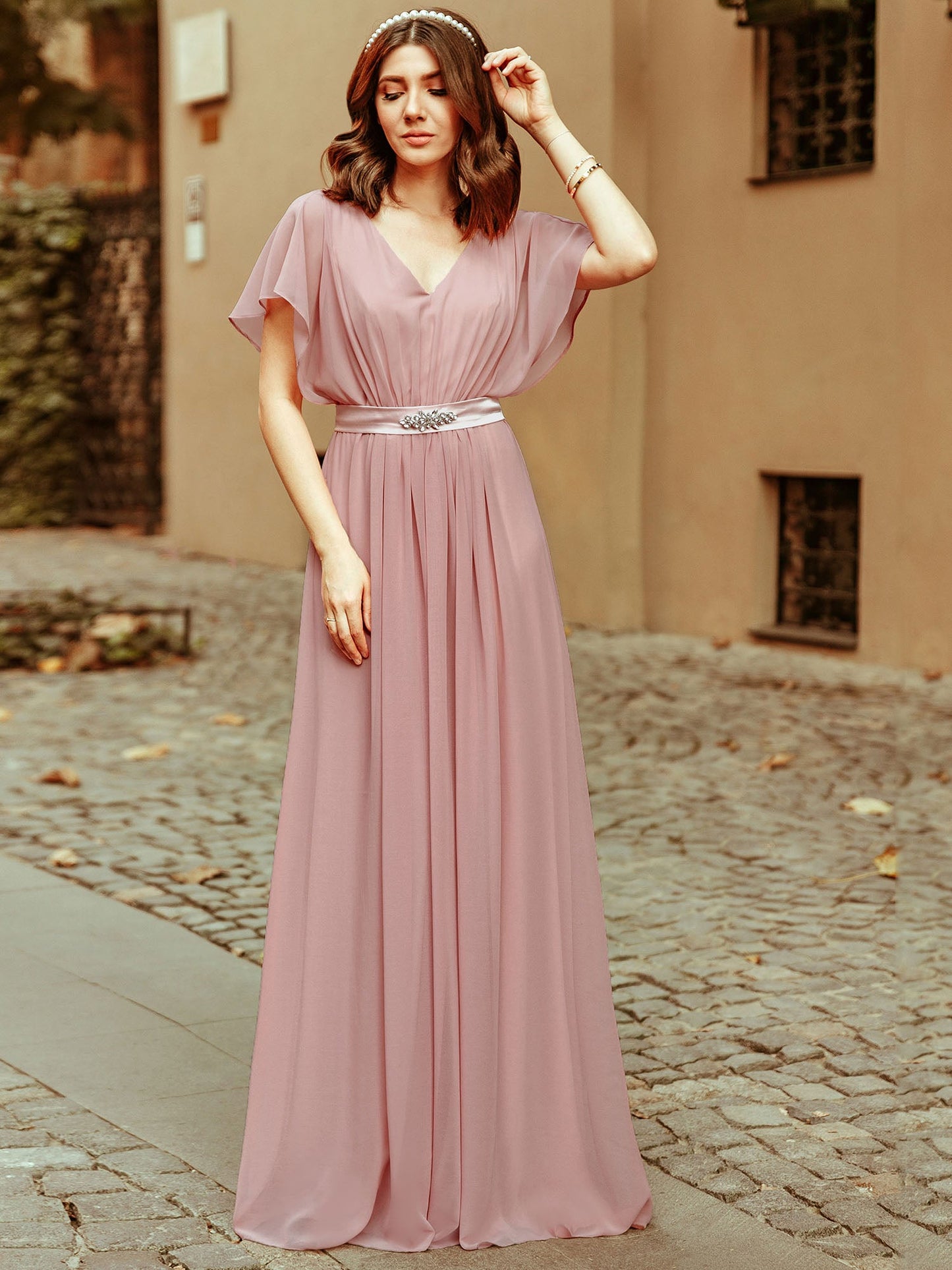 Maxi Long Flowy Chiffon Wholesale Evening Dress with Short Sleeve