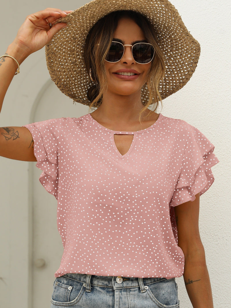 Polka Dot Ruffle Layered Hem Blouse, Casual Crew Neck Blouse For Spring & Summer, Women's Clothing